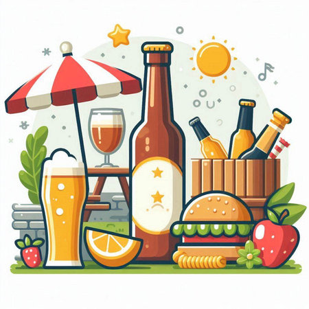 Beer and food. Vector illustration in flat style. Isolated on white background.のイラスト素材