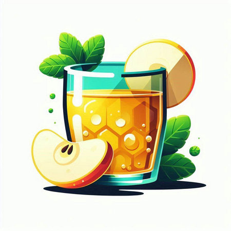 Glass of apple juice with apple slices and green leaves. Vector illustration.のイラスト素材
