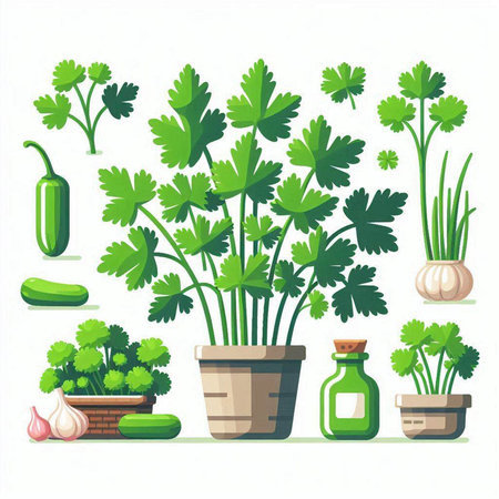 Vector illustration of parsley, garlic, pepper, cucumber, parsley, dill.のイラスト素材