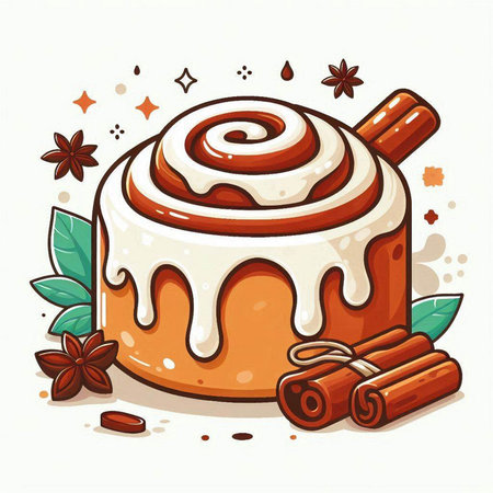 Cinnamon roll with cream and cinnamon sticks. Vector illustration on white background.のイラスト素材