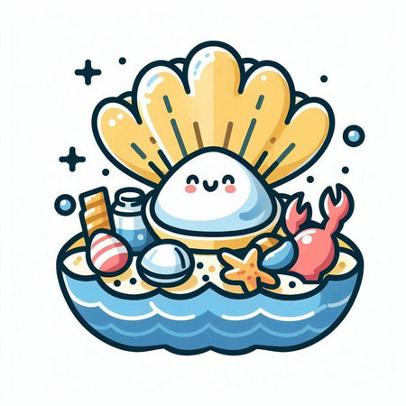 Cute cartoon seashell character with starfish, crab and corals. Vector illustration.のイラスト素材