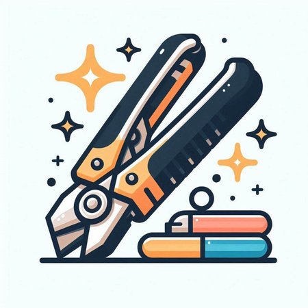 Hand drawn vector illustration or drawing of pliers, pens, pencils and starsのイラスト素材