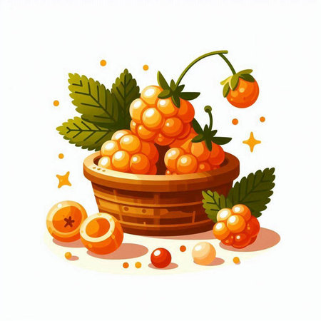 Raspberries in a wooden bowl with leaves. Vector illustration.のイラスト素材