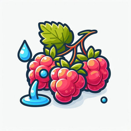 Raspberries and water drop. Vector illustration in cartoon style.のイラスト素材
