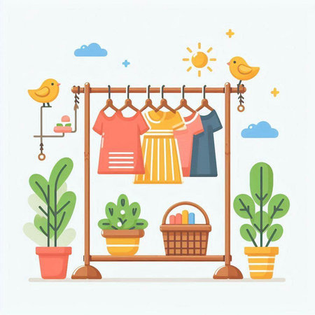 Basket with clothes on the hanger. Flat vector illustration.のイラスト素材