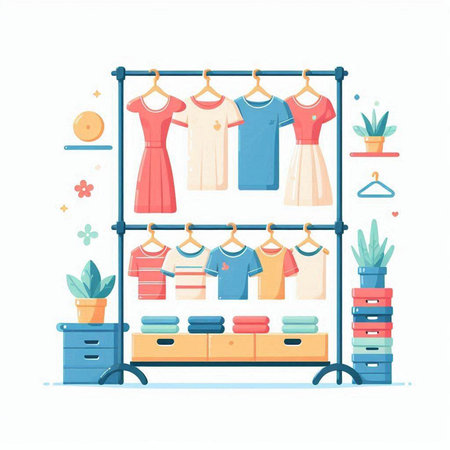 Clothes rack with different dresses. Vector illustration in flat cartoon styleのイラスト素材