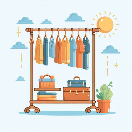 Clothes rack with clothes and accessories. Vector illustration in cartoon styleのイラスト素材