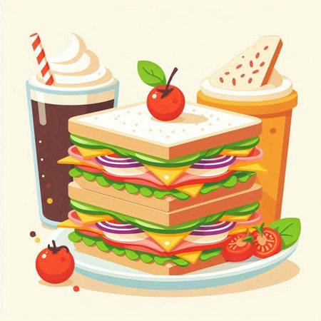 Sandwich with tomato, lettuce, cheese and red onion. Vector illustration.のイラスト素材