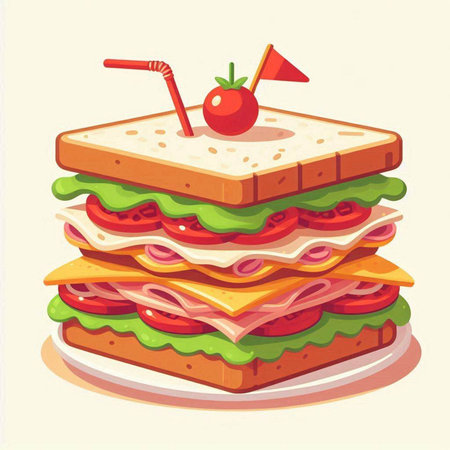 Sandwich with ham, cheese, tomato and lettuce. Vector illustrationのイラスト素材
