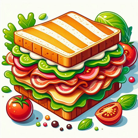 Vector illustration of sandwich with ham, cheese, tomatoes and lettuce.のイラスト素材