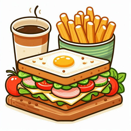Sandwich with fried egg and fries. Vector illustration isolated on white background.のイラスト素材