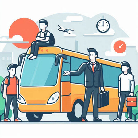 Bus and people. Vector illustration in a flat style. Business concept.のイラスト素材