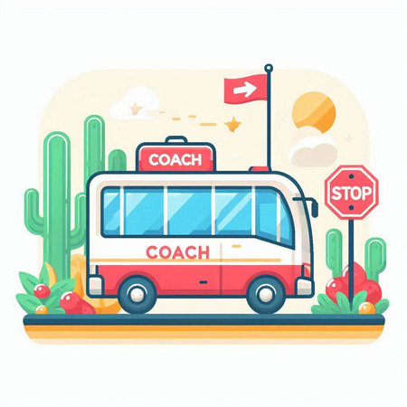 Vector illustration of a tourist bus in the desert. Flat style.のイラスト素材