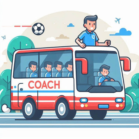 Vector illustration of a group of people driving a bus and playing soccerのイラスト素材