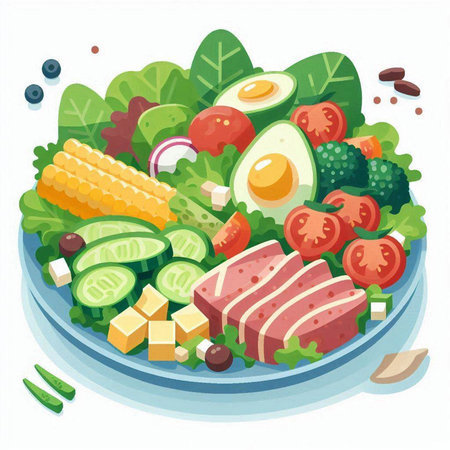 Salad with vegetables and meat on a plate. Vector illustration.のイラスト素材