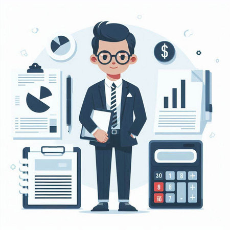 Businessman with documents and calculator. Vector illustration in flat style.のイラスト素材