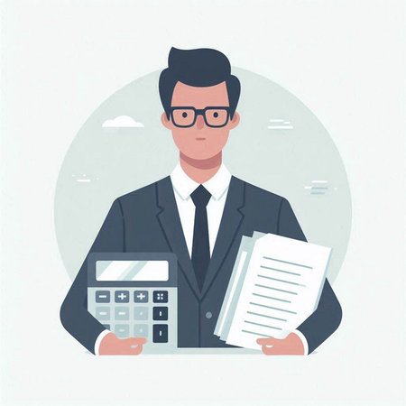 Businessman with calculator and documents. Vector illustration in flat style.のイラスト素材