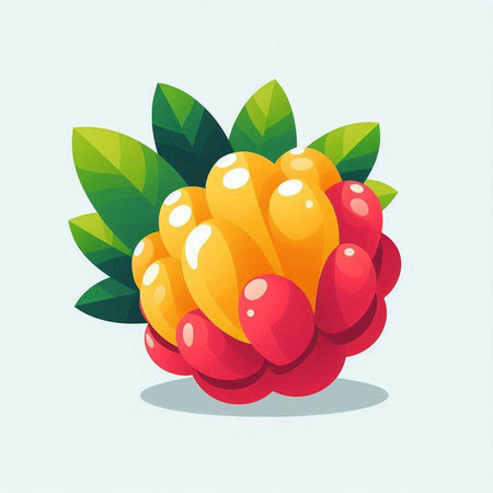 Red and yellow raspberries with green leaves. Vector illustration.のイラスト素材