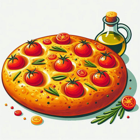 Illustration of a pizza with tomatoes, rosemary and olive oilのイラスト素材
