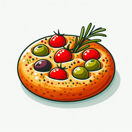 Pizza with olives, tomatoes and rosemary. Vector illustration.のイラスト素材