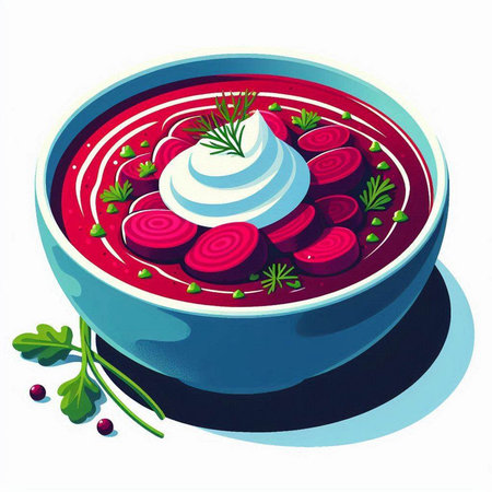 Beetroot soup with sour cream in blue bowl. Vector illustration.のイラスト素材