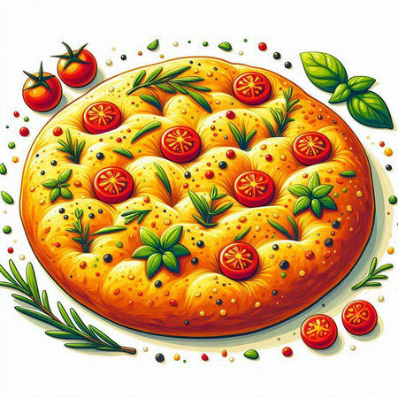 Illustration of pizza with tomatoes and herbs on a white background.のイラスト素材