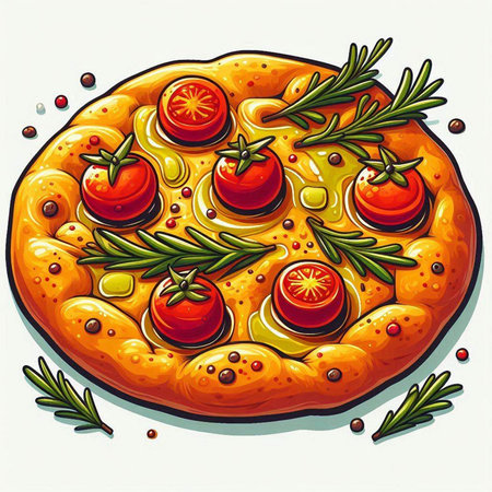 Illustration of pizza with tomatoes and rosemary on a white backgroundのイラスト素材