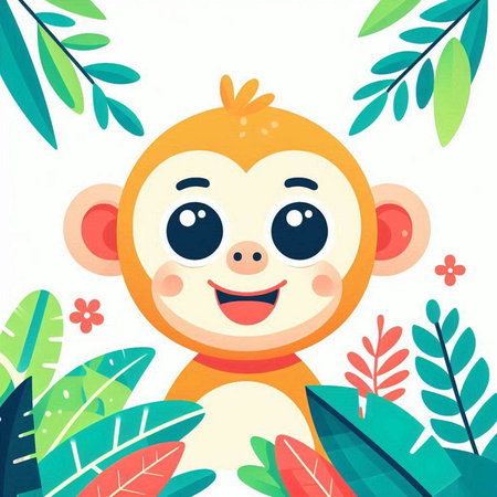 Cute little monkey on the background of tropical leaves. Vector illustration.のイラスト素材