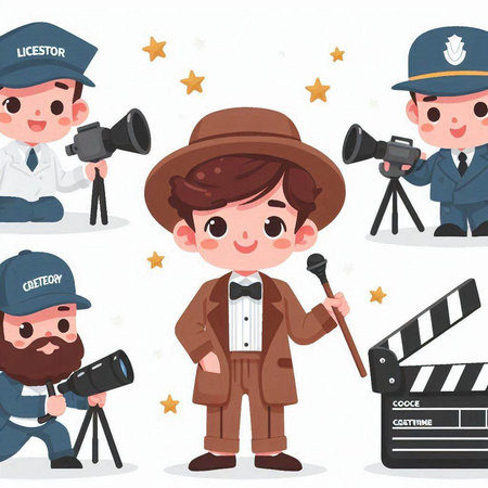 Cartoon police and cameraman. Vector illustration in a flat styleのイラスト素材