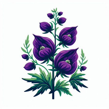 Illustration of a purple flower with green leaves on a white backgroundのイラスト素材