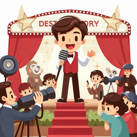 Cartoon illustration of a movie director on the stage with his teamのイラスト素材