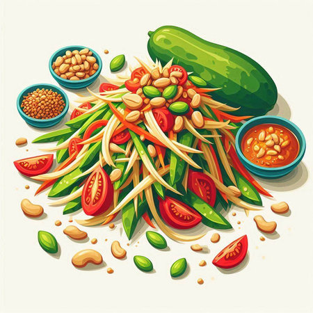 Vegetable salad with cucumber, beans, tomato, paprika and peanuts. Vector illustrationのイラスト素材
