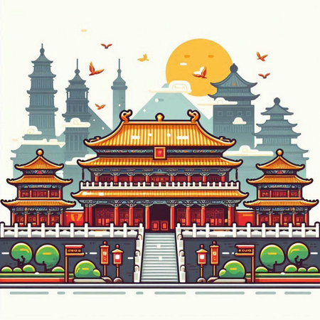 Hangzhou ancient city. Vector illustration in flat design style.のイラスト素材