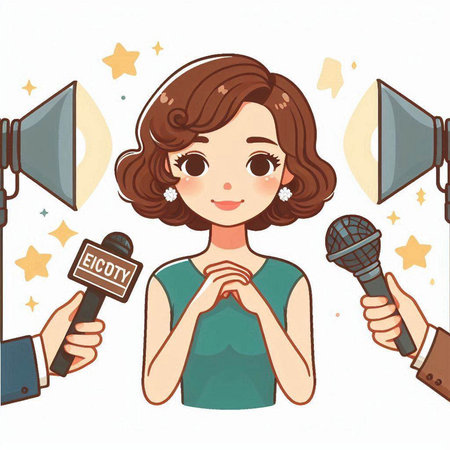 Illustration of a woman speaking into a microphone and holding a microphoneのイラスト素材