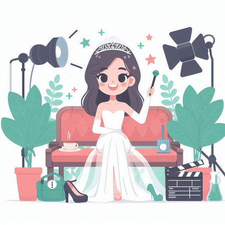 Cute cartoon girl in a white dress sitting on a sofa. Vector illustration.のイラスト素材