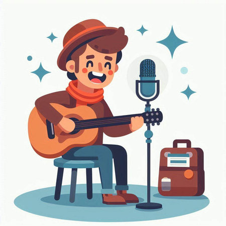Vector cartoon illustration of a man in a hat and scarf playing the guitar.のイラスト素材