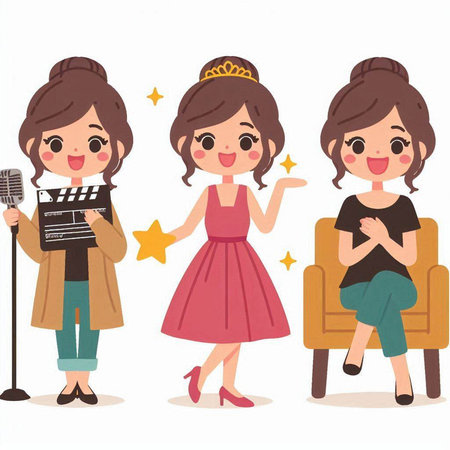 Cartoon woman singing with a clapperboard. Vector illustration.のイラスト素材