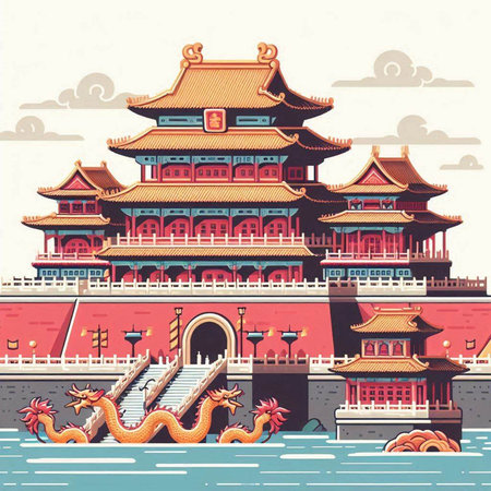 Chinese ancient buildings on the water. Vector illustration in retro style.のイラスト素材