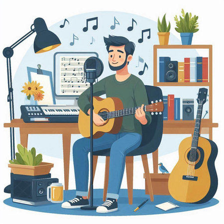 Man playing guitar at home. Flat vector illustration in cartoon style.のイラスト素材