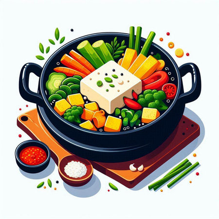 Vegetable soup with tofu and vegetables in a pot. Vector illustration.のイラスト素材