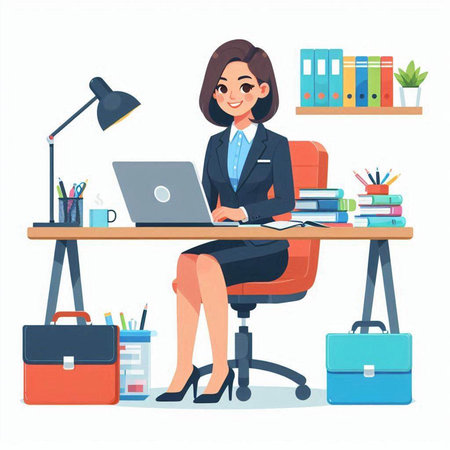Business woman sitting at the desk and working on laptop. Vector illustrationのイラスト素材