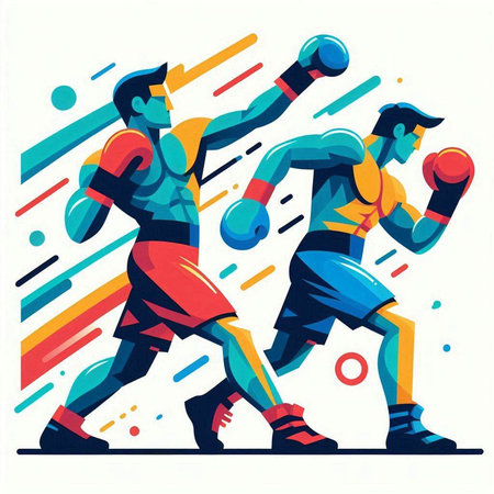 Boxing men in action. Vector illustration in flat design style.のイラスト素材