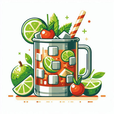 Cocktail with lime, cherry and mint. Vector illustration.のイラスト素材
