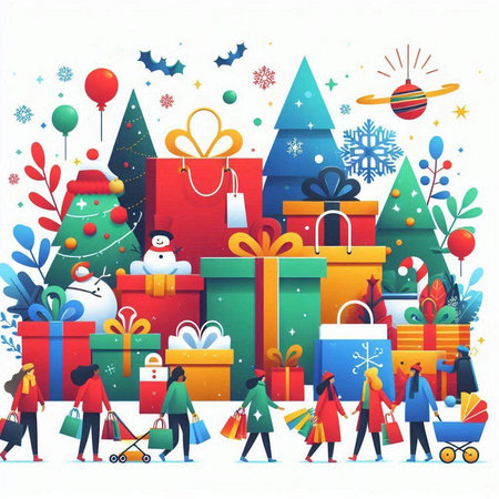 Christmas and New Year vector illustration. People with shopping bags and gift boxes.のイラスト素材