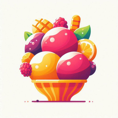 Vector illustration of ice cream in a bowl with fruits and berries.のイラスト素材