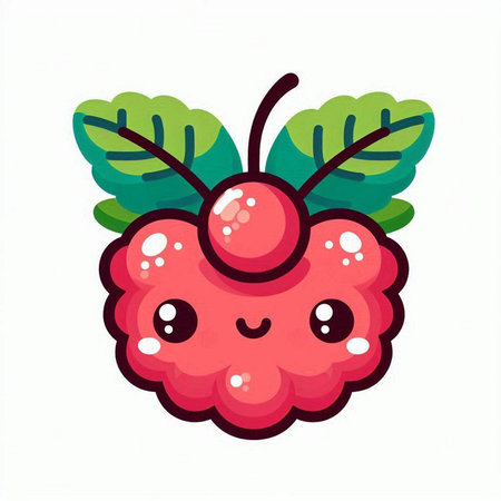 Cute raspberry character with green leaves. Vector illustration isolated on white background.のイラスト素材