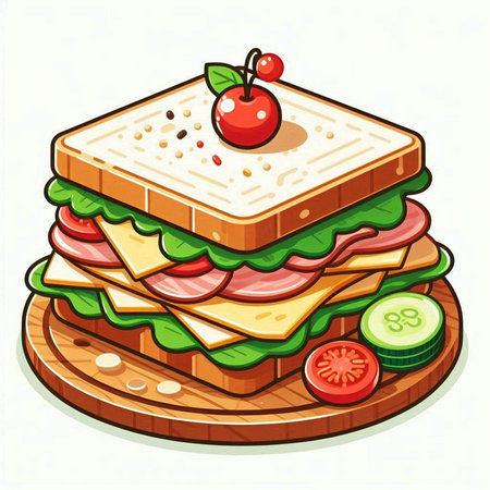 Sandwich with ham, cheese, tomato, cucumber and lettuceのイラスト素材