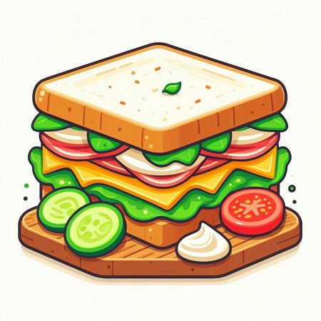 Sandwich with cheese, tomato, cucumber and lettuce. Vector illustration.のイラスト素材