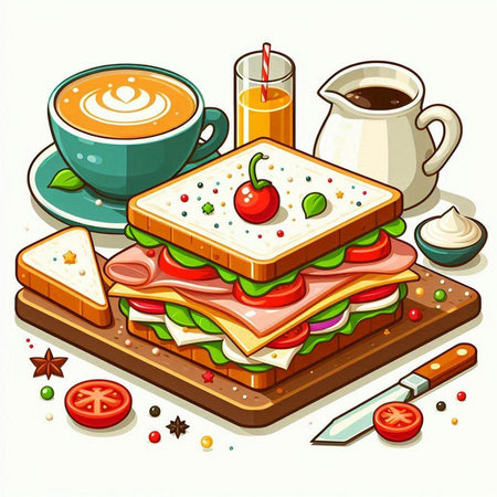 Vector illustration of a sandwich on a wooden board with a cup of coffeeのイラスト素材