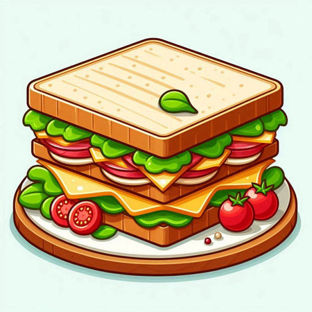 Sandwich with ham, cheese, tomato and lettuce. Vector illustration.のイラスト素材